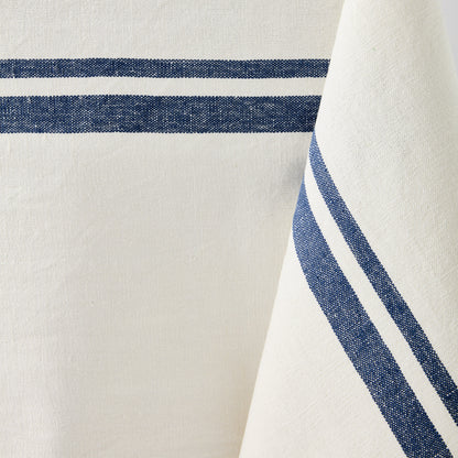 Navy Boat Stripe Tablecloth, cotton-linen blend, with horizontal navy blue stripes on a white background.