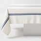 Navy Boat Stripe Tablecloth, 70"x108" cotton-linen blend, with blue horizontal stripes on cream.