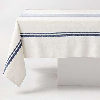 Navy Boat Stripe Tablecloth, 70"x108" cotton-linen blend, with blue horizontal stripes on cream.