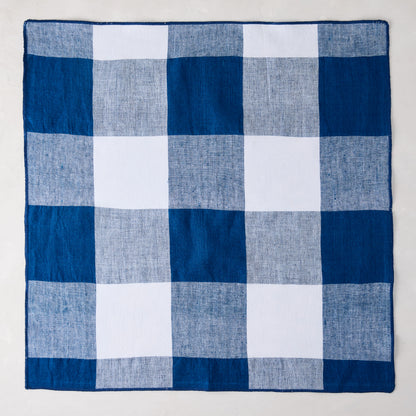Navy Blue Buffalo Check Linen Napkin, 20" x 20", folded square.