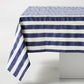 Navy Hampton Stripe Tablecloth, 100% cotton, 70"x108", with bold blue and white horizontal stripes.