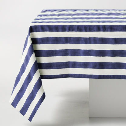 Navy Hampton Stripe Tablecloth, 100% cotton, 70"x108", with bold blue and white horizontal stripes.