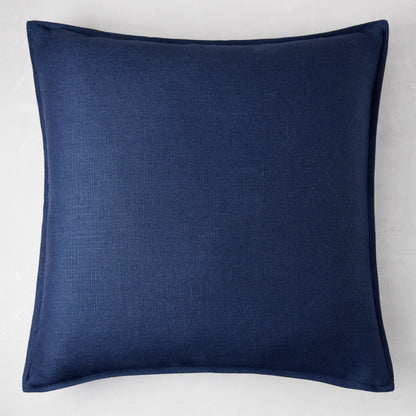Navy blue 22" square reversible linen and velvet pillow with hidden zipper.