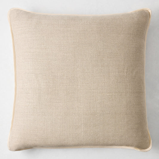 22-inch square beige Belgian linen pillow with a decorative flange border.