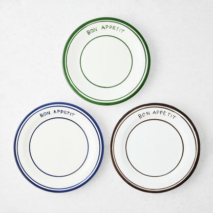 Three 7.8"Dia ceramic "Bon Appetit" salad plates: navy, green, and chocolate brown with hand-painted lines.