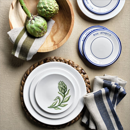 7.8-inch navy blue and white ceramic salad plate with Bon Appetit text and hand-painted lines, made in Italy.