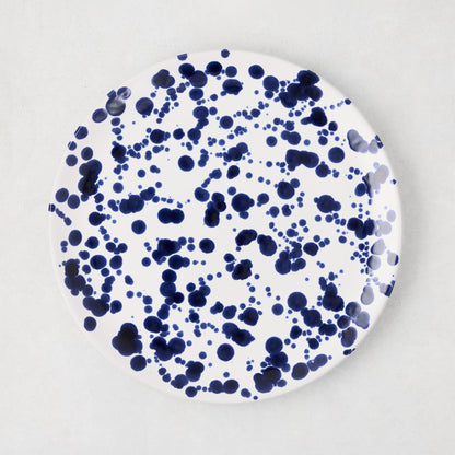 Navy Splatter Salad Plate, 9"Dia stoneware, white with hand-splattered navy blue dots.
