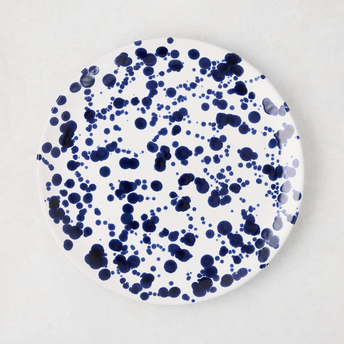 Navy Splatter Salad Plate, 9"Dia stoneware, white with hand-splattered navy blue dots.