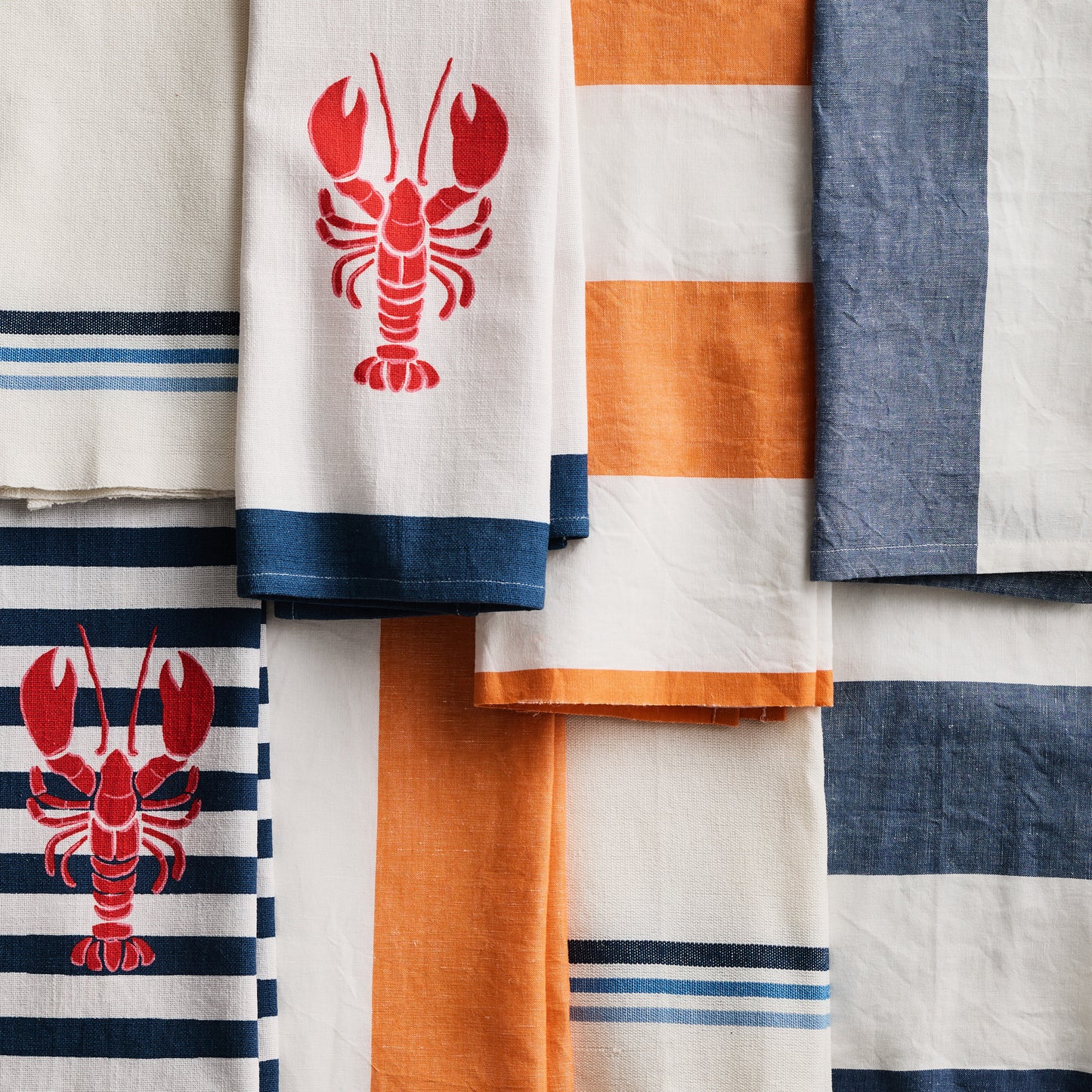 Set of 2 Navy Stripe and Border Red Lobster Hand Towels, 100% Cotton, 20"W x 30"L.