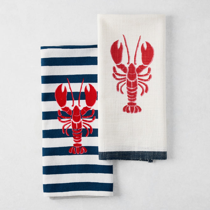 Set of 2 navy stripe and border red lobster hand towels, 100% cotton, 20"W x 30"L.