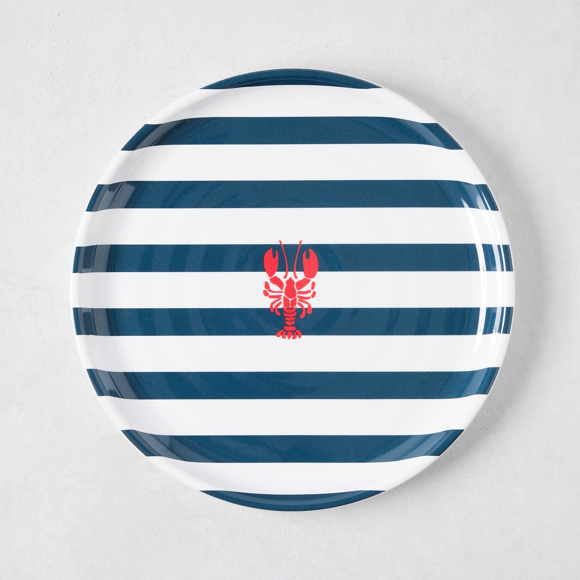 HG Melamine 8" salad plate with navy blue stripes and a red lobster design.