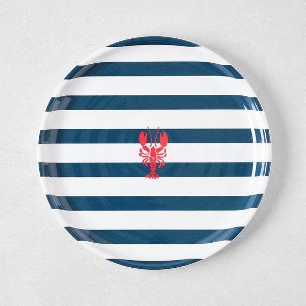 HG Melamine 8" salad plate with navy blue stripes and a red lobster design.