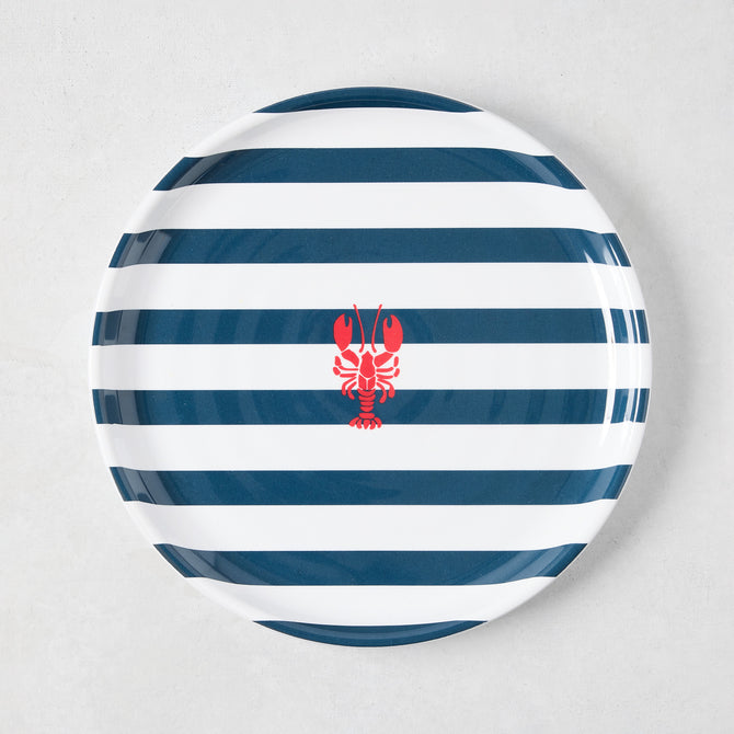 HG Melamine 8" salad plate with navy blue stripes and a red lobster design.