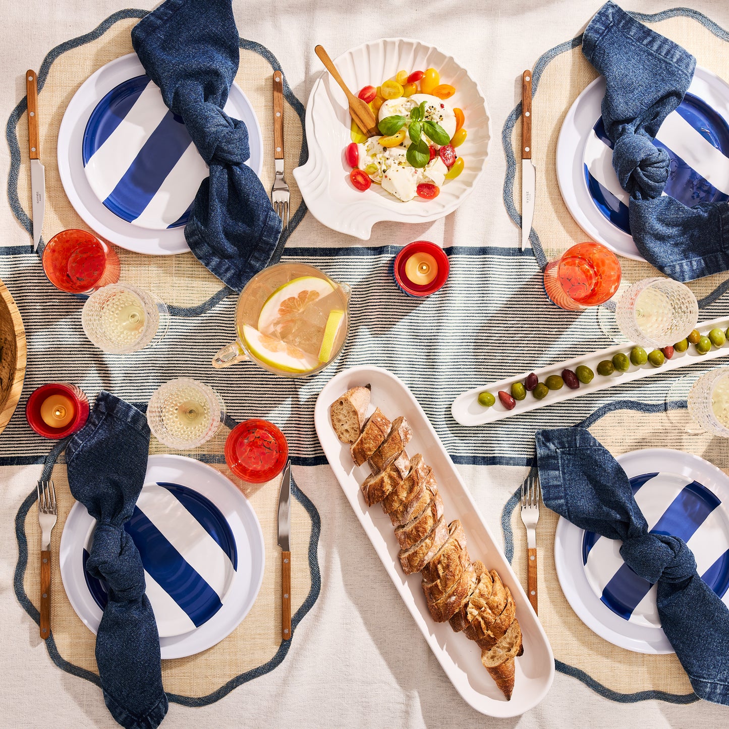 HG Navy Striped Melamine Salad Plate, 8"Dia, with a modern lipped design.