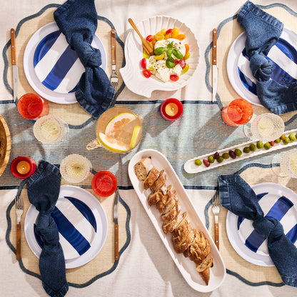HG Navy Striped Melamine Salad Plate, 8"Dia, with a modern lipped design.