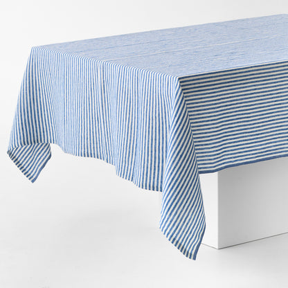 Navy Blue Ticking Stripe Linen Tablecloth
