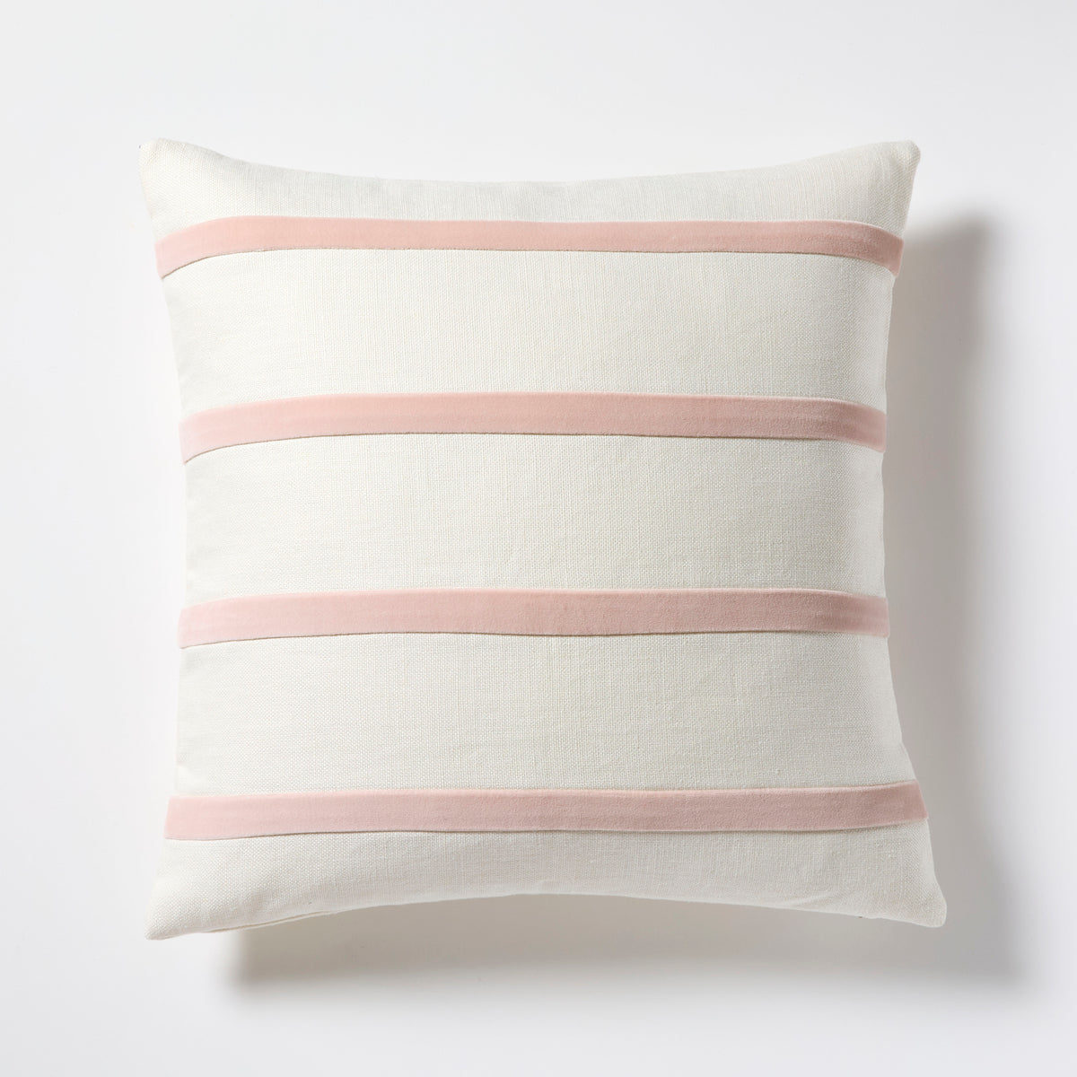 Nectar Pink and Ivory Thin Velvet Stripe Pillow, 22" square, Belgian Linen and Cotton Velvet.