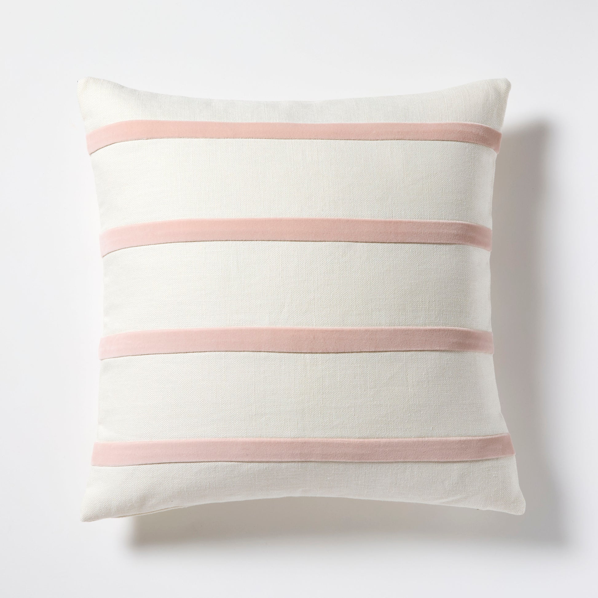 Nectar Pink and Ivory Thin Velvet Stripe Pillow, 22" square, Belgian Linen and Cotton Velvet.