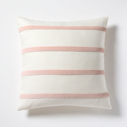 Nectar Pink and Ivory Thin Velvet Stripe Pillow, 22" square, Belgian Linen and Cotton Velvet.