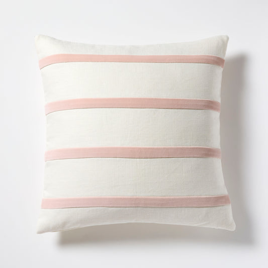 Nectar Pink and Ivory Thin Velvet Stripe Pillow, 22" square, Belgian Linen and Cotton Velvet.