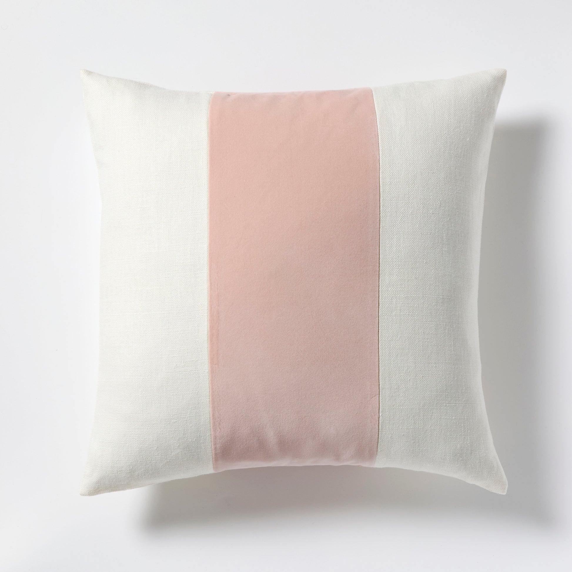 Nectar Pink Wide Velvet and Linen Stripe Pillow, 22" square, with cream linen and pink velvet stripe.