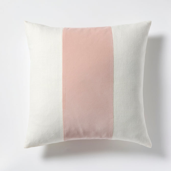 Nectar Pink Wide Velvet and Linen Stripe Pillow, 22" square, with cream linen and pink velvet stripe.