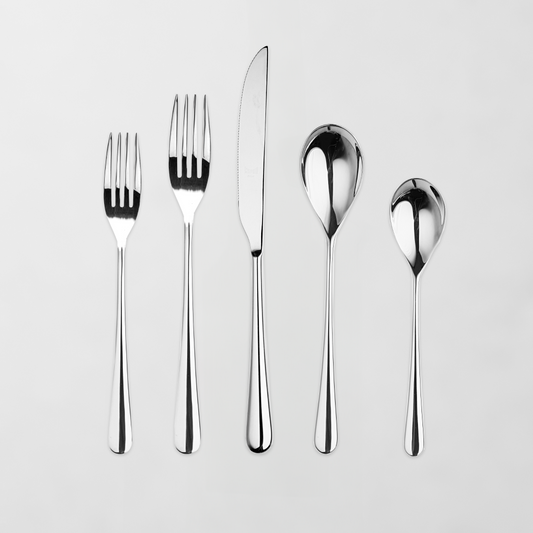 Neve Mirrored 5-piece flatware set: polished 18/10 stainless steel forks, knife, and spoons.