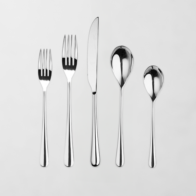 Neve Mirrored 5-piece flatware set: polished 18/10 stainless steel forks, knife, and spoons.