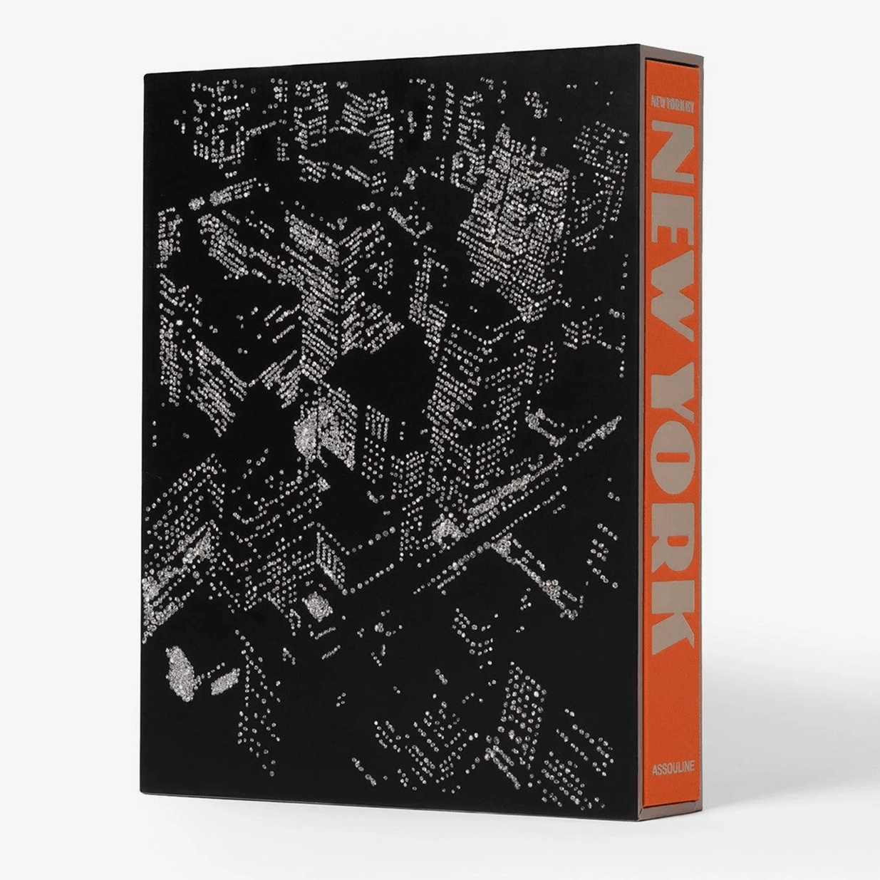 Black linen hardcover book "New York By New York" in a slipcase with an orange spine and city map design.