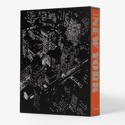 Black linen hardcover book "New York By New York" in a slipcase with an orange spine and city map design.