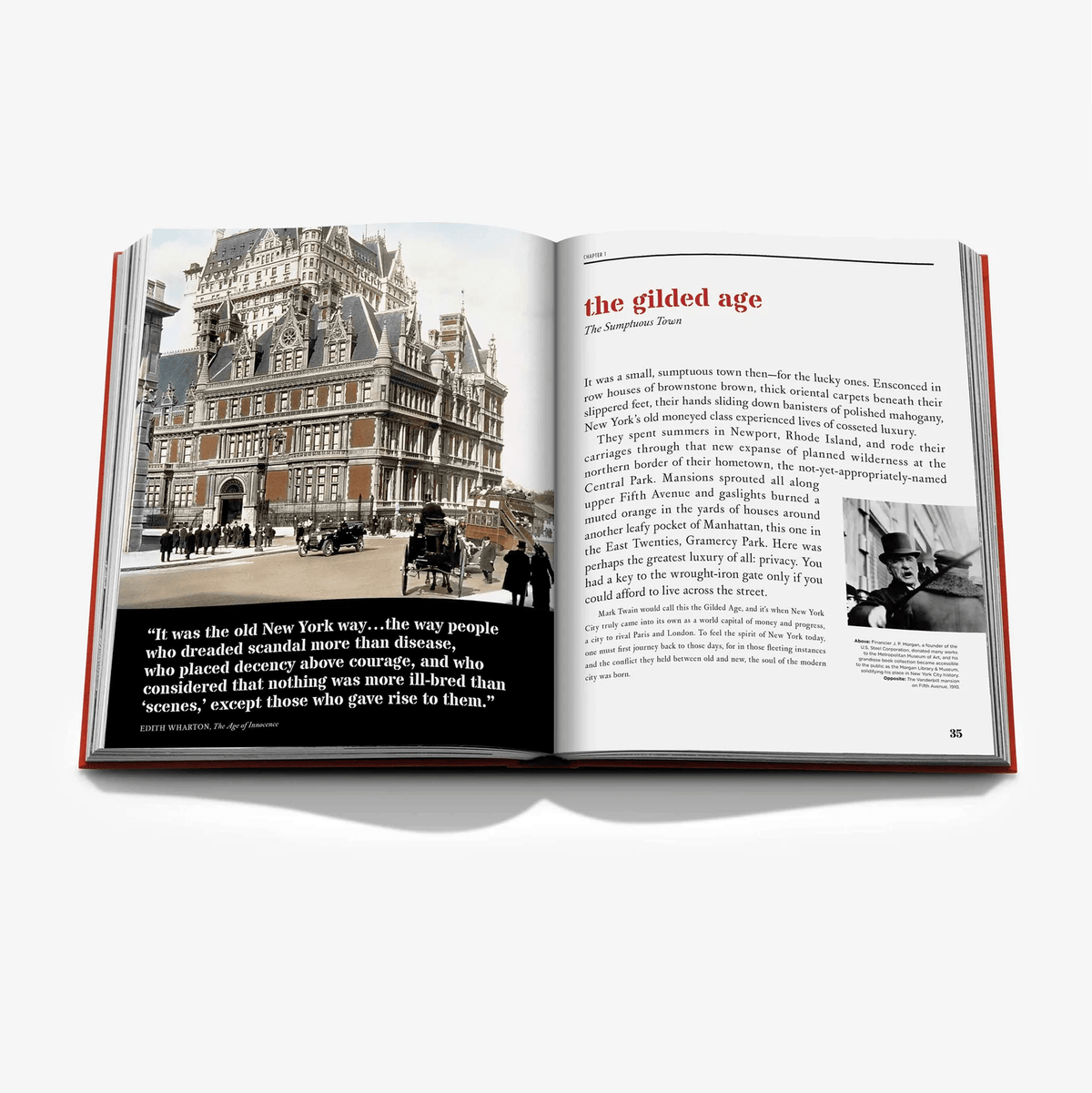Open "New York By New York" linen hardcover book with luxury slipcase, showing vintage city photos and text.