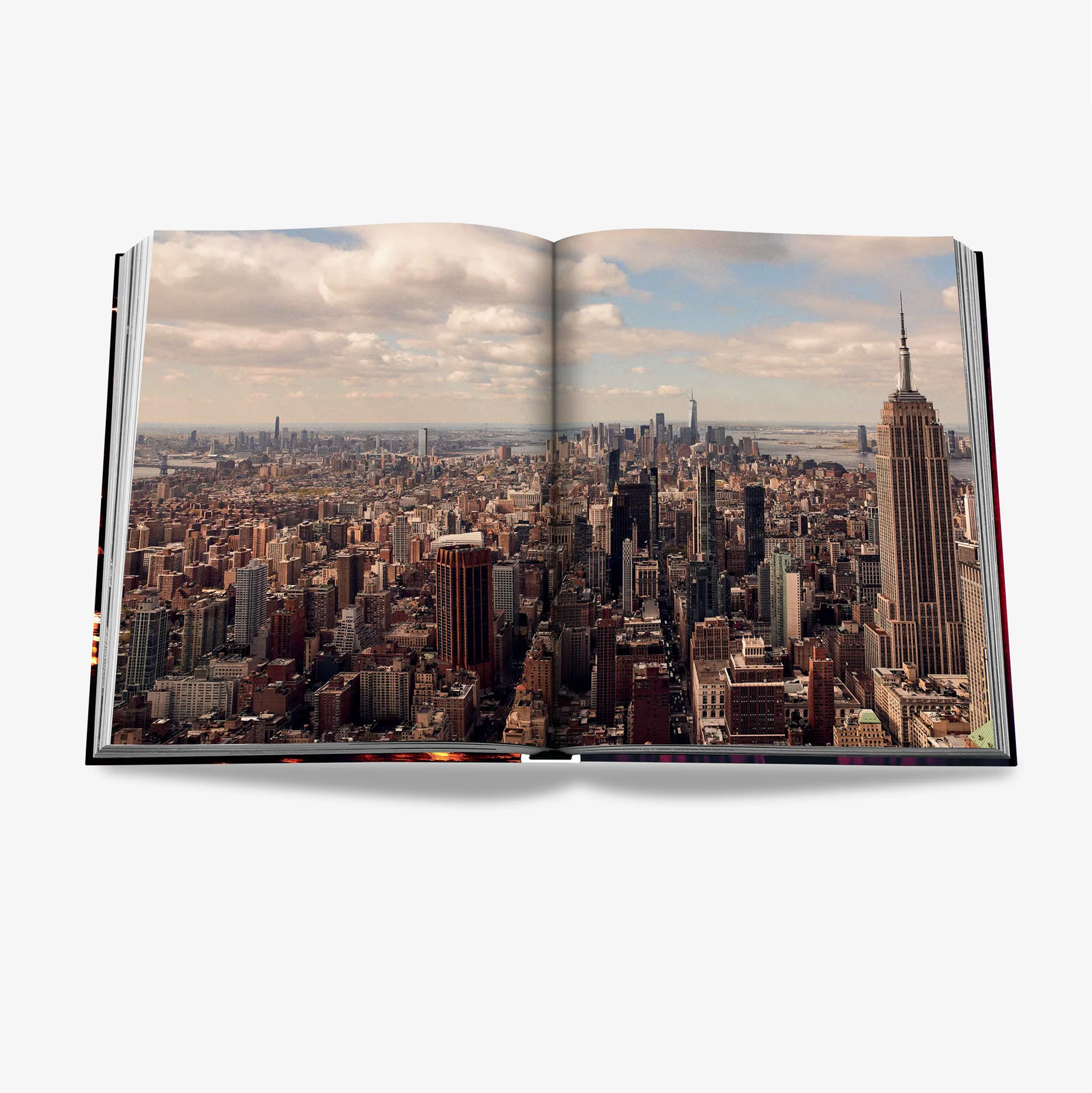 Open "New York Chic" silk hardcover book displaying a vibrant aerial photo of the NYC skyline.