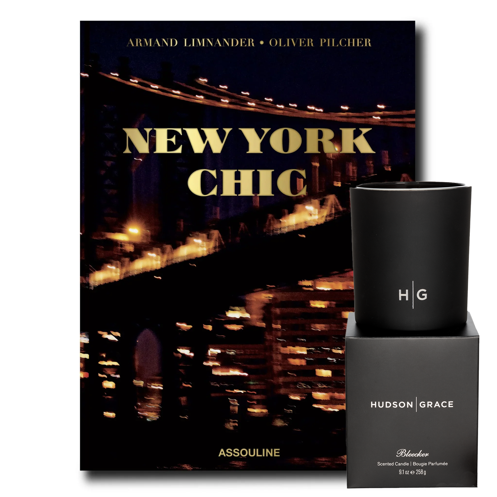 New York Chic book with a dark cover featuring a city bridge at night, next to a black candle and its box.