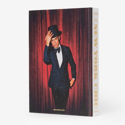 New York Chic silk hardcover book featuring a man in a top hat and suit against a red curtain.