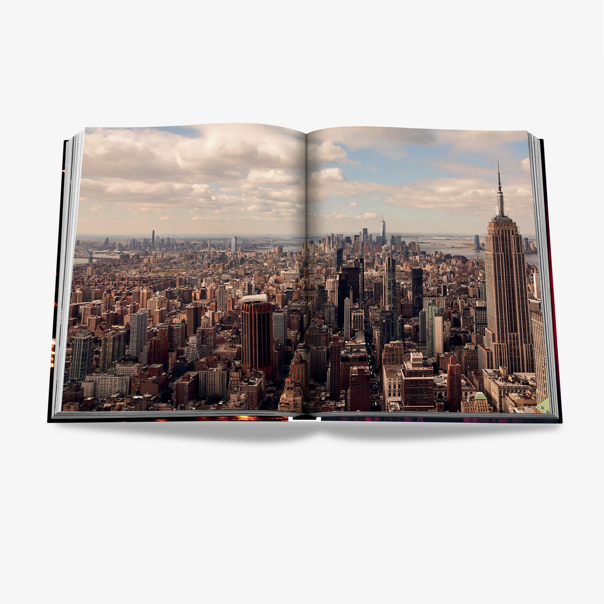 Open "New York Chic" silk hardcover book displaying a vibrant aerial photo of the NYC skyline.