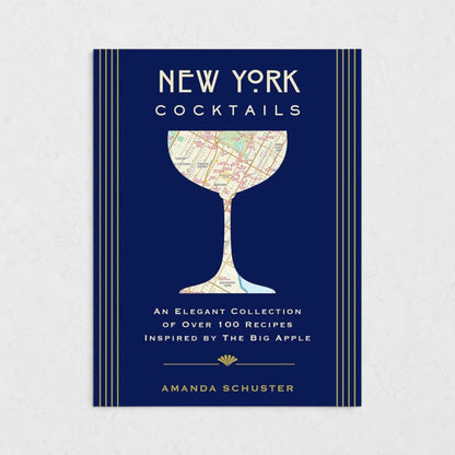New York Cocktails book with a navy blue cover, gold stripes, and a map of NYC in a cocktail glass silhouette.