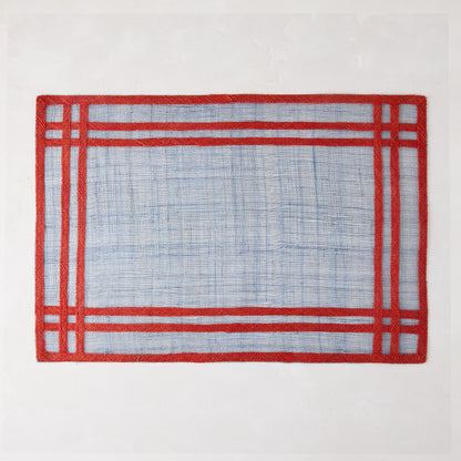 Newport Blue and Red Rectangular Abaca Placemat with a red border, 19"L x 13"W.