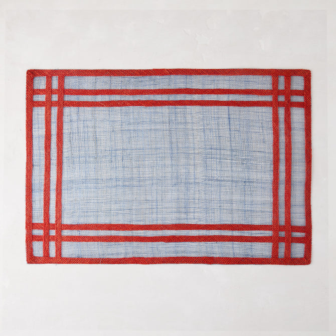 Newport Blue and Red Rectangular Abaca Placemat with a red border, 19"L x 13"W.
