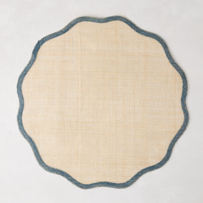Newport Blue Border Scalloped Placemat, natural abaca with blue scalloped edge, 16" Dia.