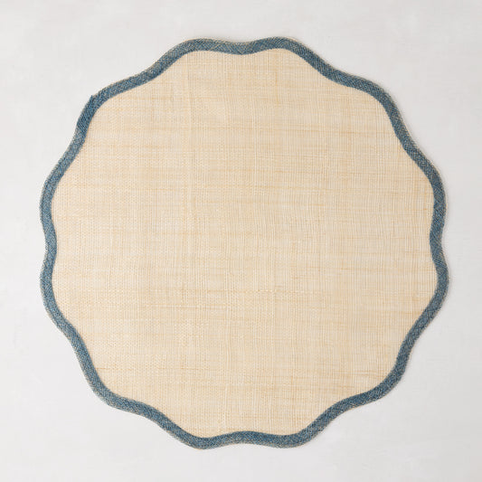 Newport Blue Border Scalloped Placemat, natural abaca with blue scalloped edge, 16" Dia.