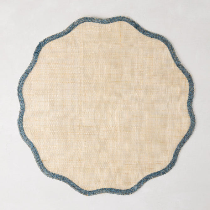 Newport Blue Border Scalloped Placemat, natural abaca with blue scalloped edge, 16" Dia.