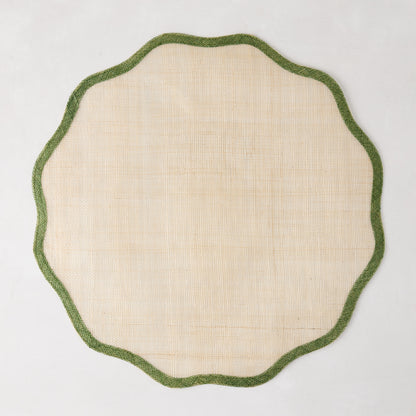 Newport Green Border Scallop Placemat, natural Abaca with green scalloped edge, 16" Dia.