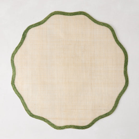 Newport Green Border Scallop Placemat, natural Abaca with green scalloped edge, 16" Dia.