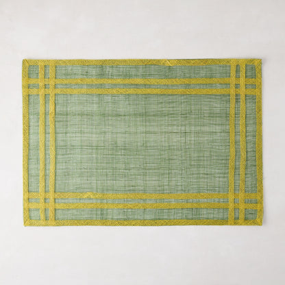 Newport Green Rectangular Placemat, Abaca, with yellow border, 19"L x 13"W.