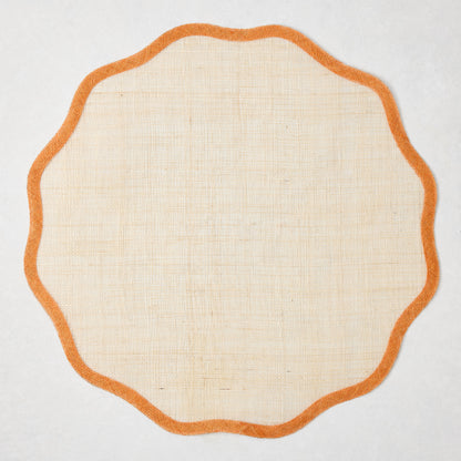 Newport Orange Scalloped Placemat, natural abaca with orange border, 16" Dia.