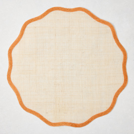 Newport Orange Scalloped Placemat, natural abaca with orange border, 16" Dia.