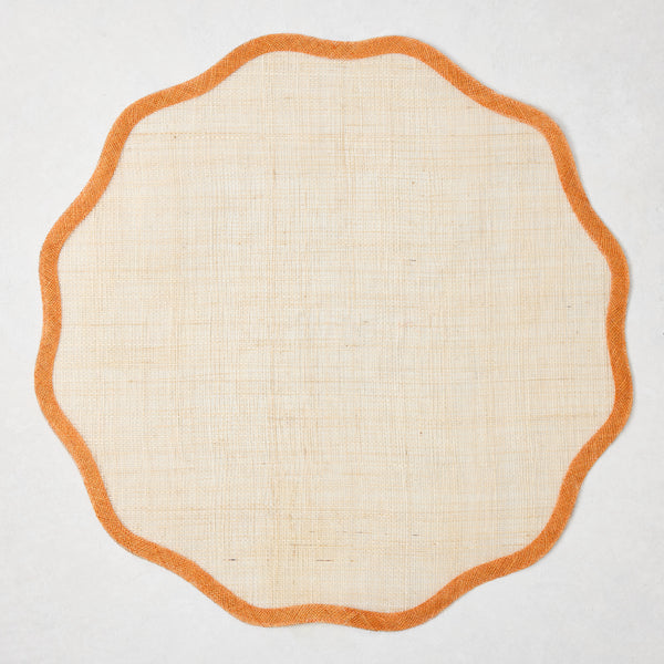 Newport Orange Scalloped Placemat, natural abaca with orange border, 16" Dia.