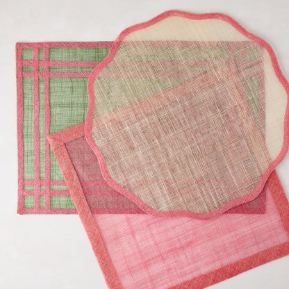 Newport Pink Border Scalloped Placemat, natural abaca with pink border, 16" Dia.