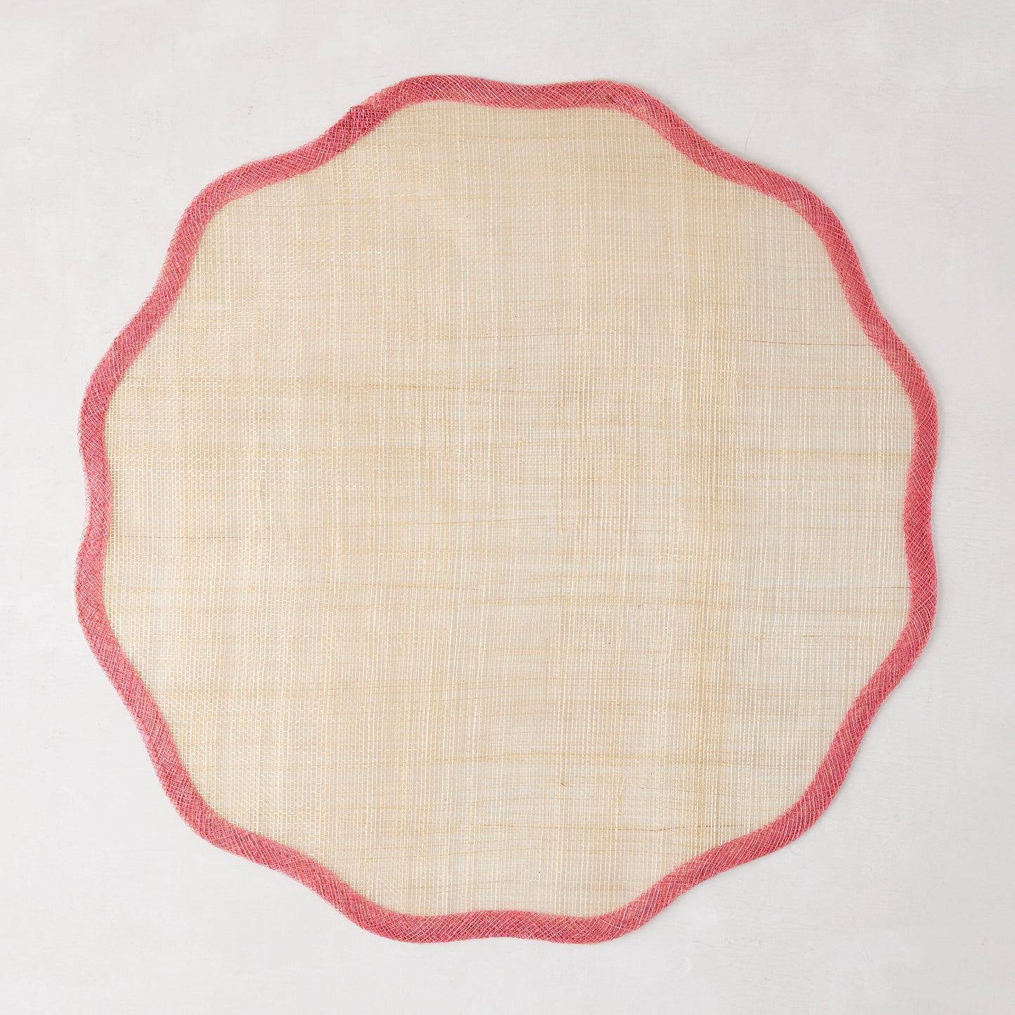 Newport Pink Border Scalloped Placemat, natural Abaca, 16" Dia.