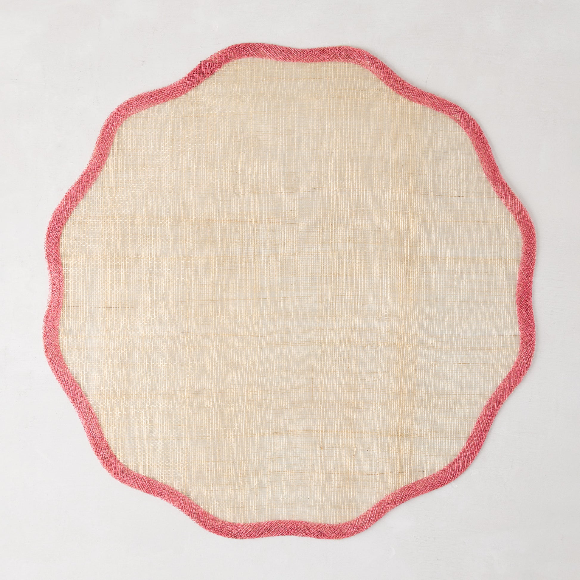Newport Pink Border Scalloped Placemat, natural Abaca, 16" Dia.